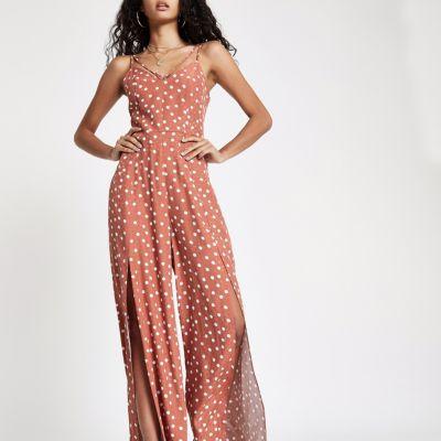 River Island Womens Spot Wide Split Leg Jumpsuit