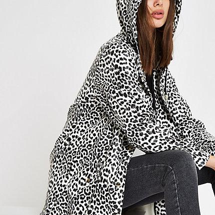 River Island Womens White Leopard Print Hooded Raincoat