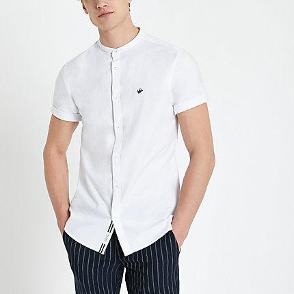 River Island Mens White Bird Embroidered Oxford Grandad Shirt
