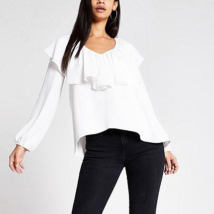 River Island Womens White Long Sleeve Frill V Neck Top