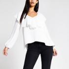 River Island Womens White Long Sleeve Frill V Neck Top