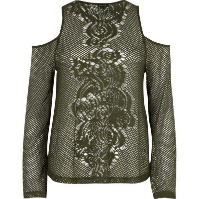 River Island Womens Mesh Flare Sleeve Cold Shoulder Top