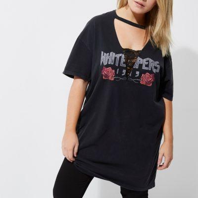 River Island Womens Plus Band Print Lace Choker T-shirt