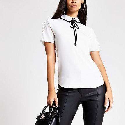 River Island Womens White Print Contrast Bow Collar Top