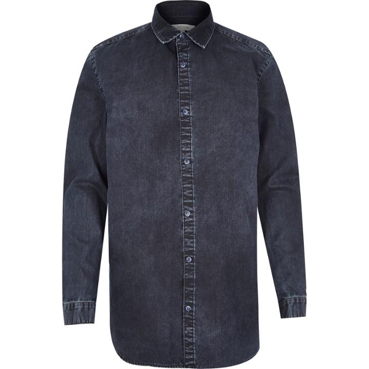 River Island Mensdark Wash Denim Zip Side Shirt