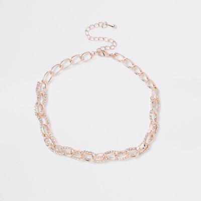 River Island Womens Rose Gold Rhinestone Chain Link Choker