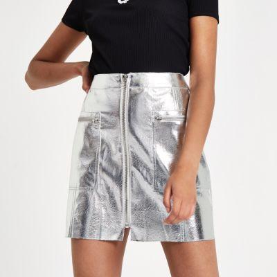 River Island Womens Silver Metallic Biker Mini Skirt