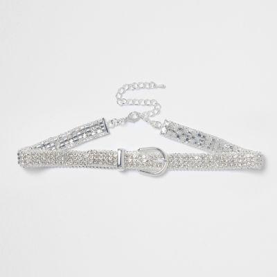 River Island Womens Silver Tone Rhinestone Buckle Choker