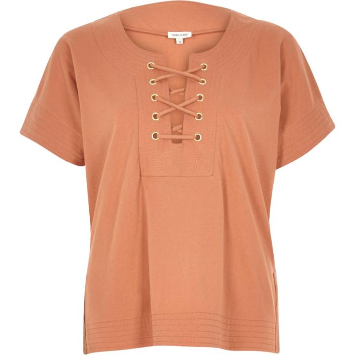 River Island Womens Rust Lace-up Front T-shirt