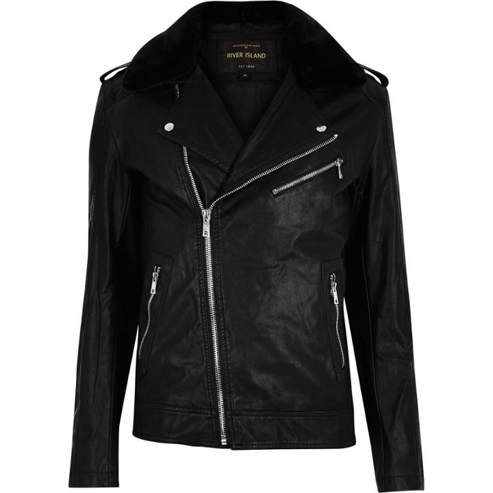 River Island Mensblack Faux-fur Collar Biker Jacket