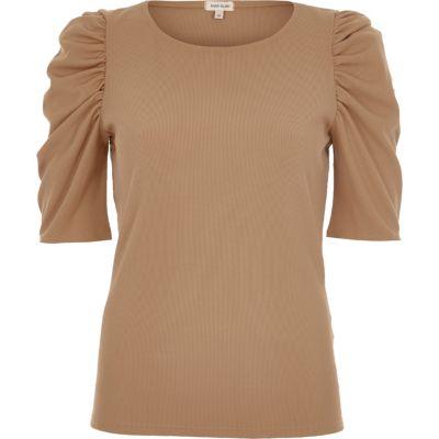 River Island Womens Ribbed Puff Three Quarter Sleeve Top