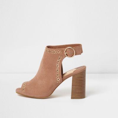 River Island Womens Nude Eyelet Stud Block Heel Shoe Boots