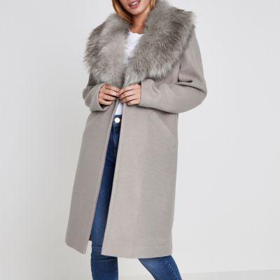 River Island Womens Petite Faux Fur Collar Coat