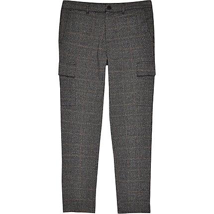 River Island Mens Check Skinny Cargo Trousers