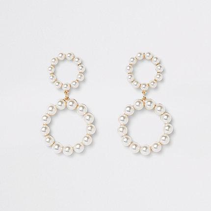 River Island Womens Gold Color Pearl Double Ring Drop Earrings