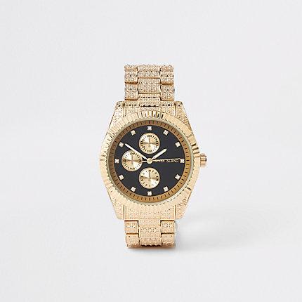 River Island Mens Gold Tone Rhinestone Encrusted Watch