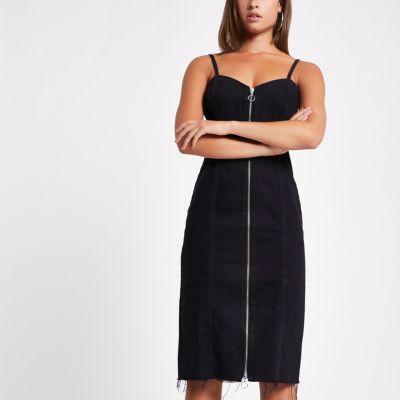 River Island Womens Denim Zip Front Fitted Midi Dress