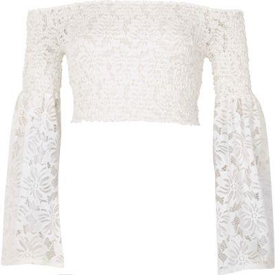 River Island Womens White Lace Shirred Flared Sleeve Crop Top