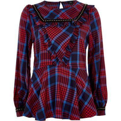 River Island Womens Check Frill Studded Peplum Blouse