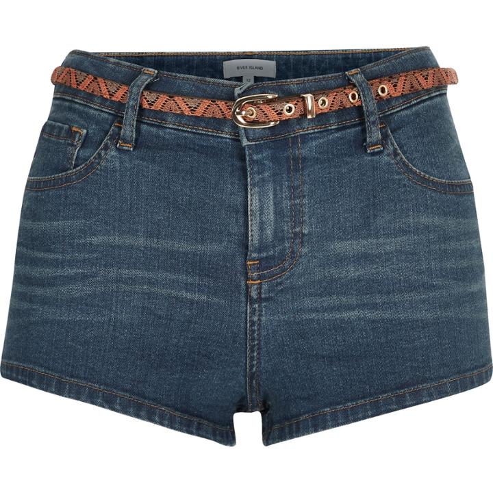 River Island Womens Mid Wash Denim Belted Hotpant Shorts