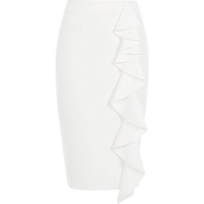 River Island Womens White Frill Front Pencil Skirt
