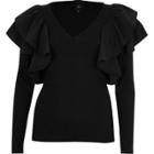 River Island Womens Frill Shoulder Long Sleeve Ribbed Top