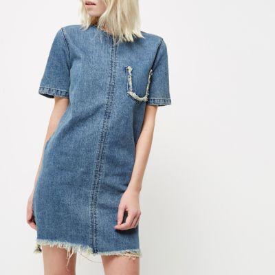 River Island Womens Petite Wash Frayed Denim T-shirt Dress