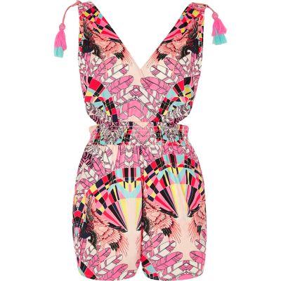River Island Womens Feather Print Tassel Cut Out Playsuit