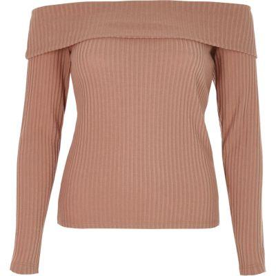 River Island Womens Ribbed Bardot Long Sleeve Top