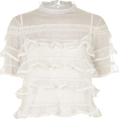 River Island Womens White Dobby Mesh Frill Layer Turtleneck Top
