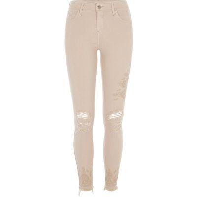 River Island Womens Nude Ripped Embroidered Super Skinny Jeans