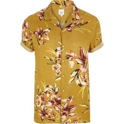 River Island Mens Yellow Floral Short Sleeve Shirt