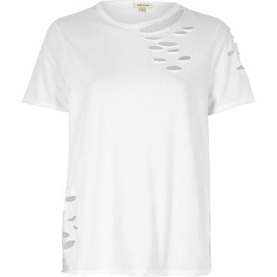 River Island Womens White Distressed Easy Fitted Tee