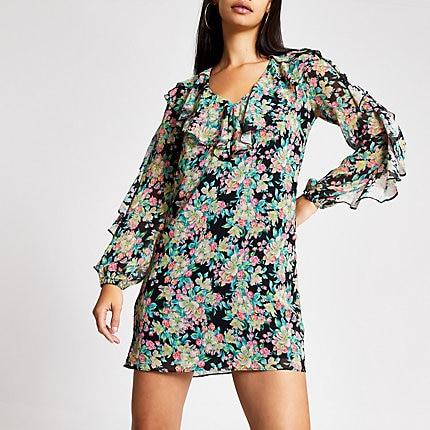 River Island Womens Ruffle Floral Sheer Sleeve Swing Dress