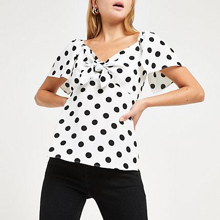 River Island Womens White Spot Tie Front Tea Top