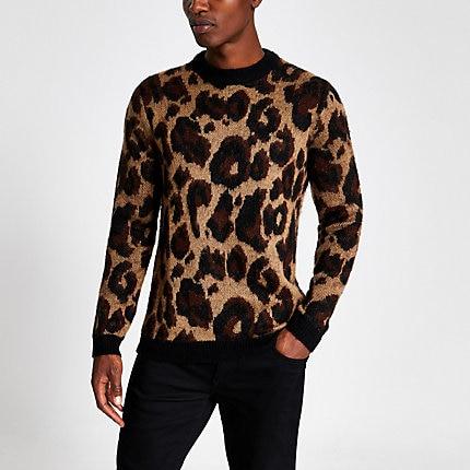 River Island Mens Leopard Print Slim Fit Knitted Jumper
