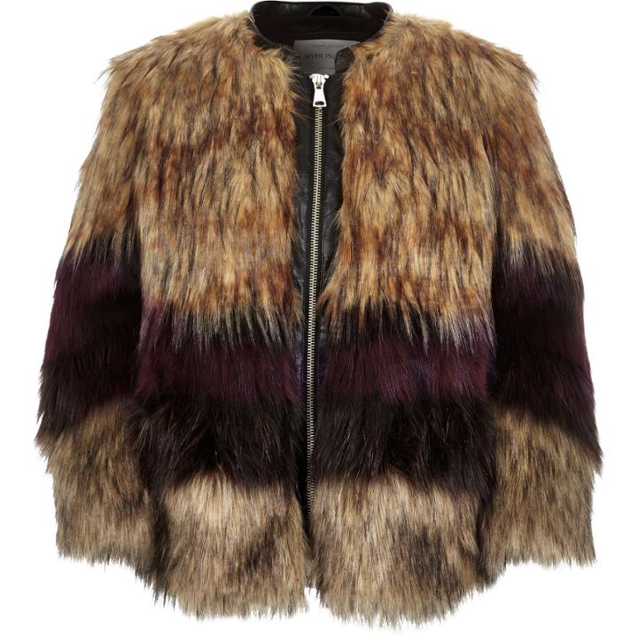 River Island Womens Striped Faux Fur Coat