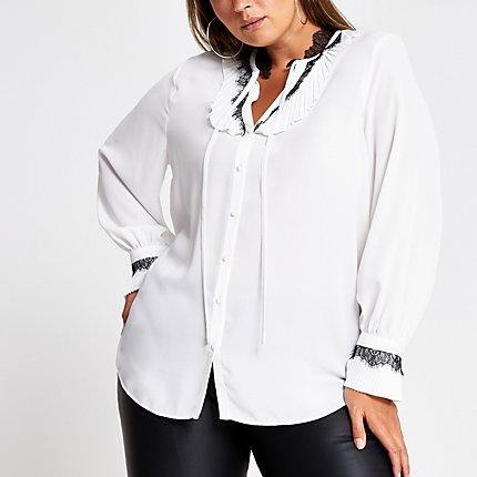 River Island Womens Plus White Lace Trim Long Sleeve Blouse