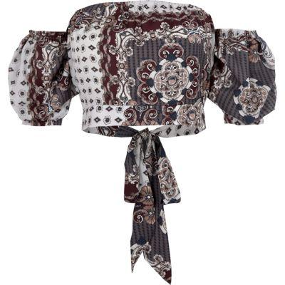 River Island Womens Scarf Print Bardot Puff Sleeve Crop Top