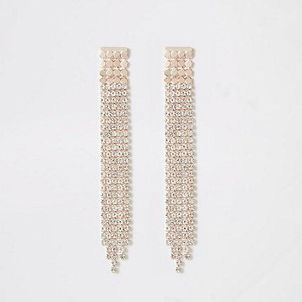 River Island Womens Rose Gold Color Rhinestone Paved Drop Earrings