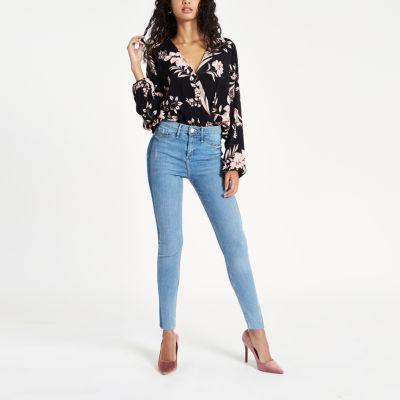 River Island Womens Floral Wrap Front Balloon Sleeve Body