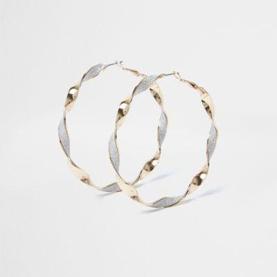 River Island Womens Gold Tone Glitter Twist Hoop Earrings