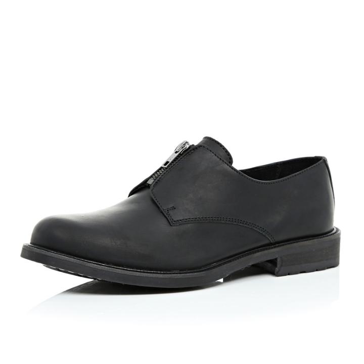 River Island Mensblack Leather Zip Front Shoes