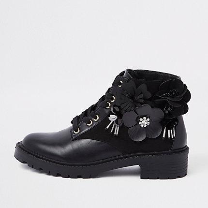 River Island Womens Floral Embellished Lace-up Boots