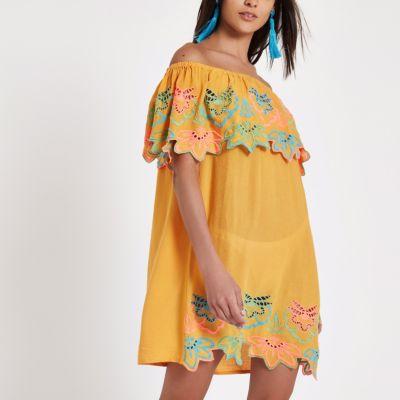 River Island Womens Ochre Embroidery Bardot Dress