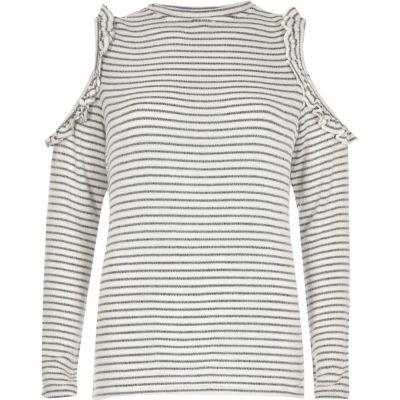 River Island Womens White Stripe Frill Cold Shoulder Top