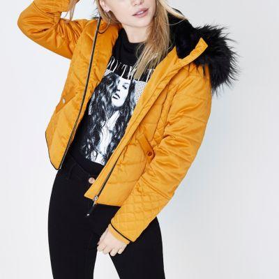 River Island Womens Petite Yellow Padded Faux Fur Coat