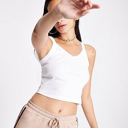 River Island Womens White Ribbed V Neck Crop Cami Top
