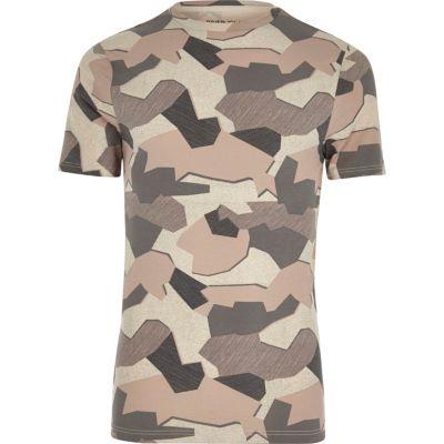 River Island Mensstone Jigsaw Camo Muscle Fit T-shirt