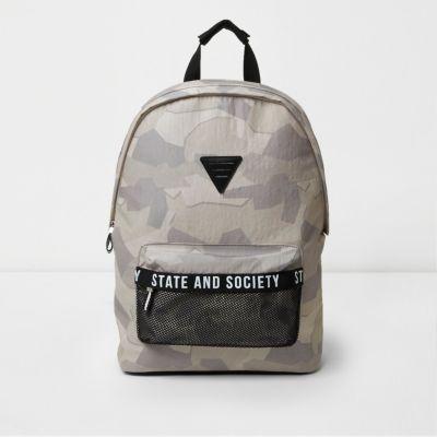 River Island Mensgrey Camo Print Mesh Pocket Backpack